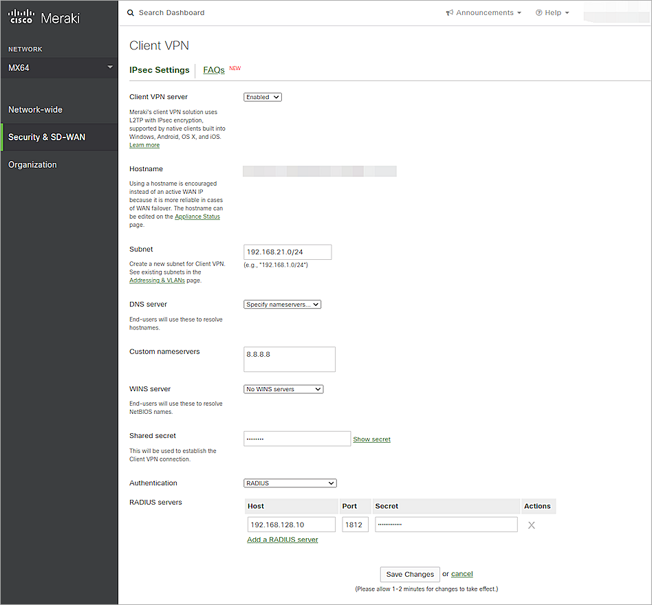 Screenshot of the Meraki config